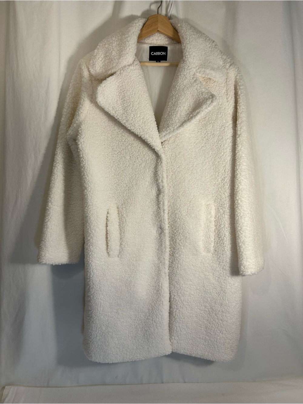 Carbon, white faux fur/fleece jacket (M)